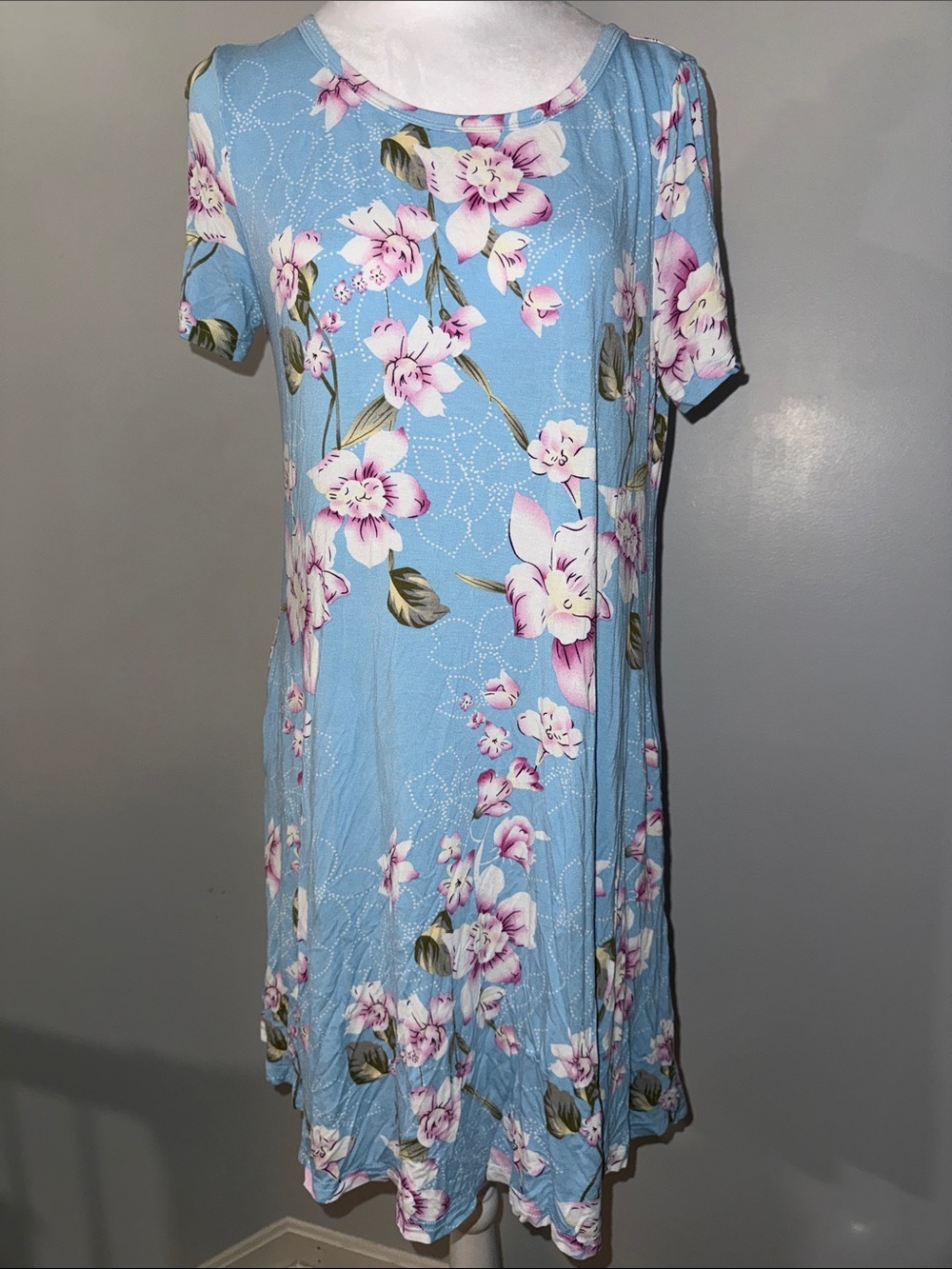 Korsis Blue Floral Short-Sleeve A-Line Dress Sz Medium